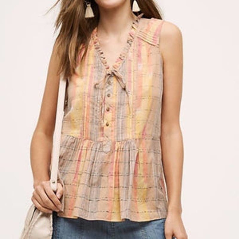 Anthropologie Holding Horses Faye tank top blouse plaid pastel peplum ruffle 8